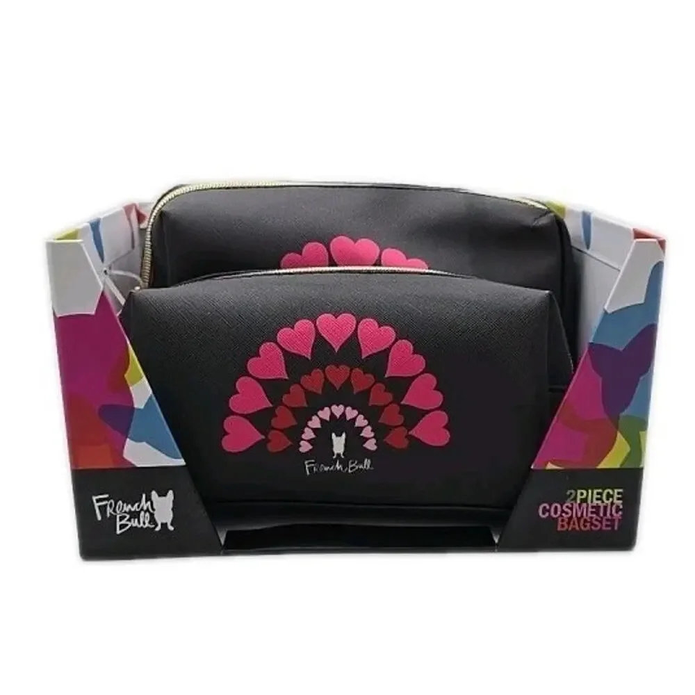 French Bull Dog‎ 2 Piece Set Cosmetic Black Pink Hearts Makeup Travel Organizer